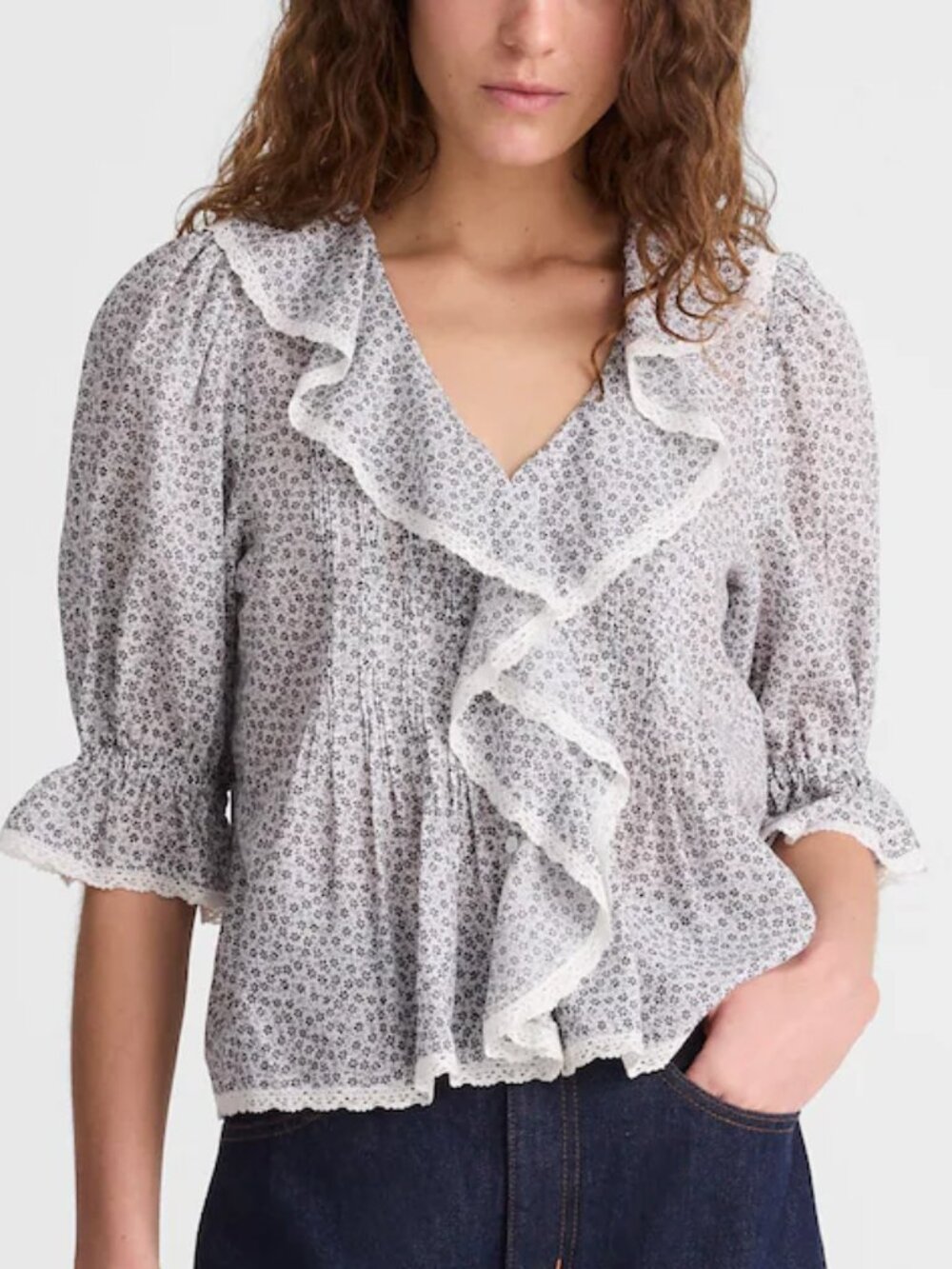 Madewell Blaire Pintucks Embroidery Ruffle Sleeve Top White Black Floral Size L